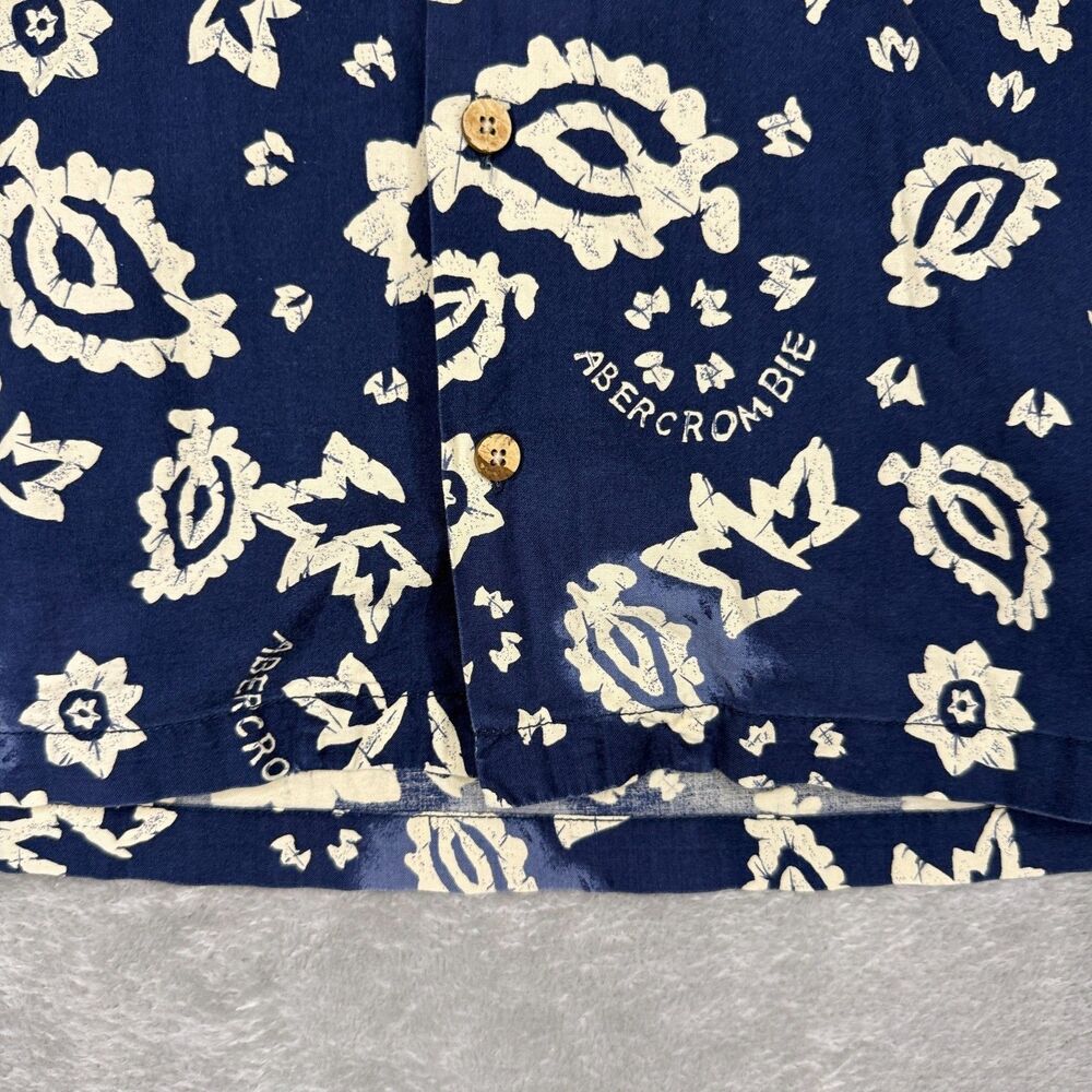 Vtg 90s Abercrombie & Fitch Hawaiian Shirt Mens Large Blue Floral Wood Buttons - Picture 8 of 11